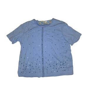 Vtg Beaded Cotton Cardigan Sweater Blue Embellished Size M Bechamel Soft Girl